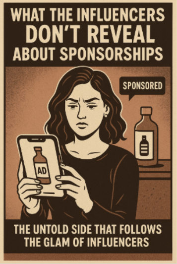 Illustration of a woman looking skeptically at her phone showing a sponsored ad for a product, highlighting the hidden truth about influencers and sponsorship.