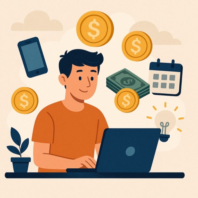 Young professional using a laptop surrounded by smart money symbols, side hustle tools, side hustles inspiration, and passive income ideas for financial growth.