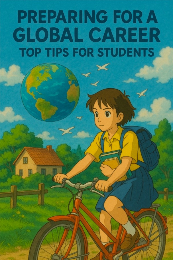 Student on a bicycle with books and backpack, heading toward a bright future under a globe-filled sky, symbolizing Global Career, Career Abroad, and International Job Market.
