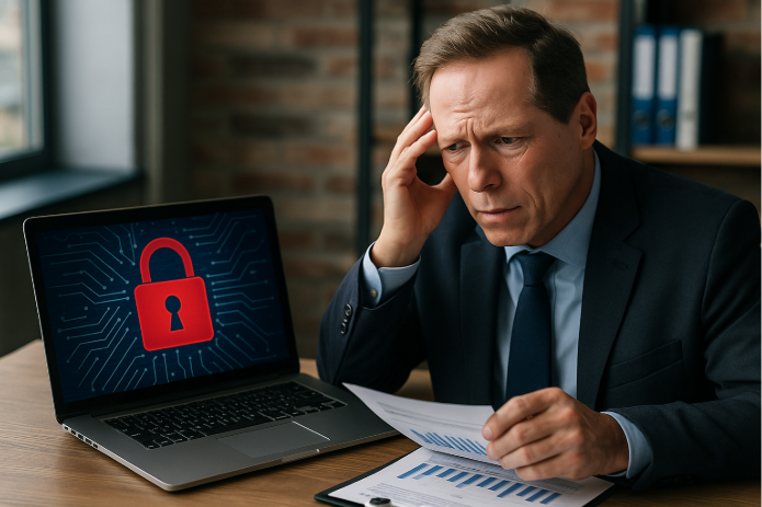 Illustration showing cybersecurity risks in banking, including phishing, ransomware, and data breaches.