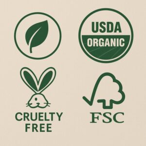 Certifications like USDA Organic, Cruelty-Free, and FSC logos showcasing trusted eco-labels that guide consumers toward ethical and sustainable product choices.