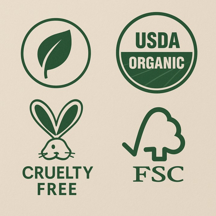 Visual representation of certifications and eco-labels such as USDA Organic, FSC, and Cruelty-Free logos used to promote sustainable and ethical products.