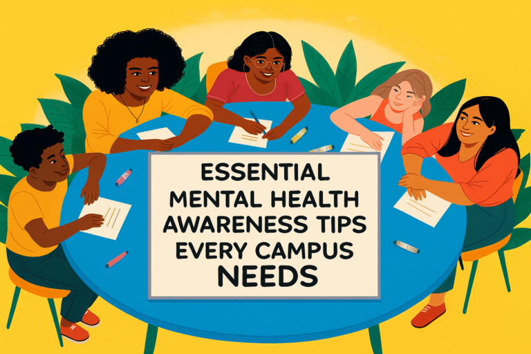 Group of diverse students sitting around a table, smiling and writing, with a central sign that reads “Essential Mental Health Awareness Tips Every Campus Needs,” highlighting mental health awareness and promoting campus wellbeing.