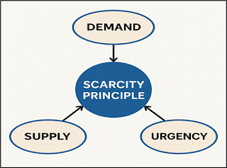 Diagram explaining the scarcity principle as a core concept in scarcity marketing, showing how demand, supply, and urgency interact based on the psychology of scarcity and limited time offers.