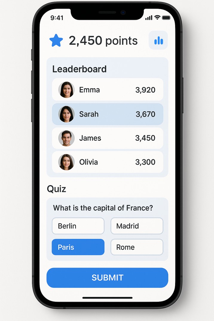A mobile phone screen displaying a gamified learning app with points showing ai tutors
