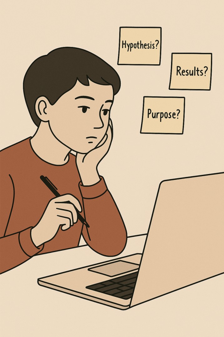 A thoughtful student with a pen in hand looking at a laptop screen for lab report writing