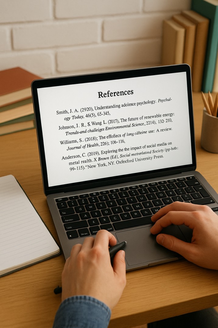 student citing references on a laptop for lab report writing