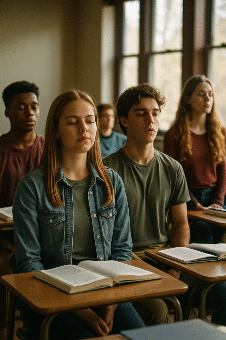 A group of high school students sitting in a classroom, practicing mindfulness together
