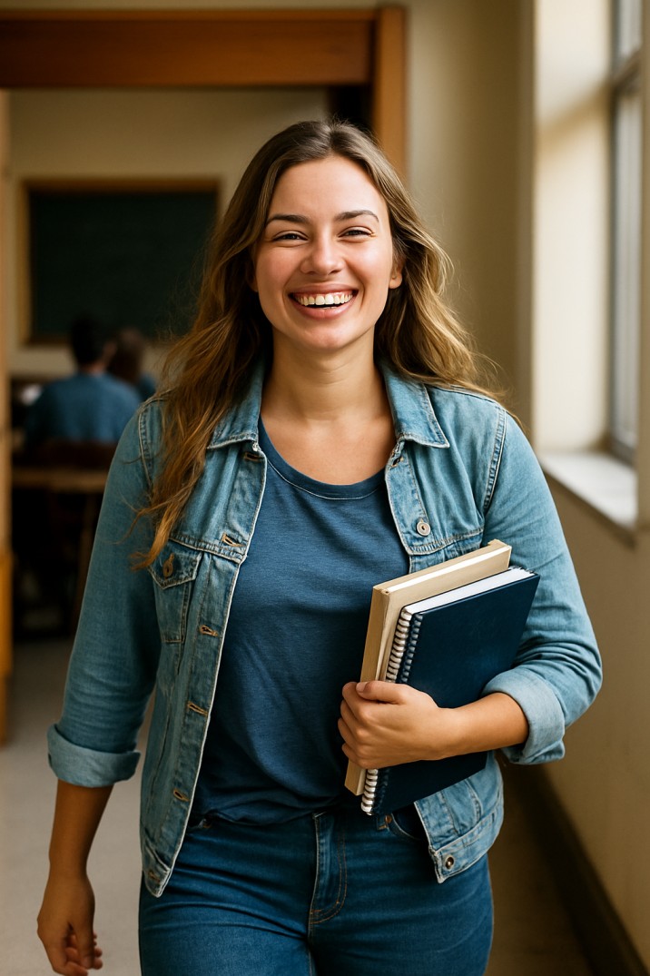 A smiling student confidently walking out of an exam hall holding books, looking relieved and happy.