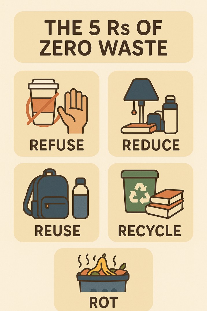 Five principles of zero waste dorm life illustrated with simple icons