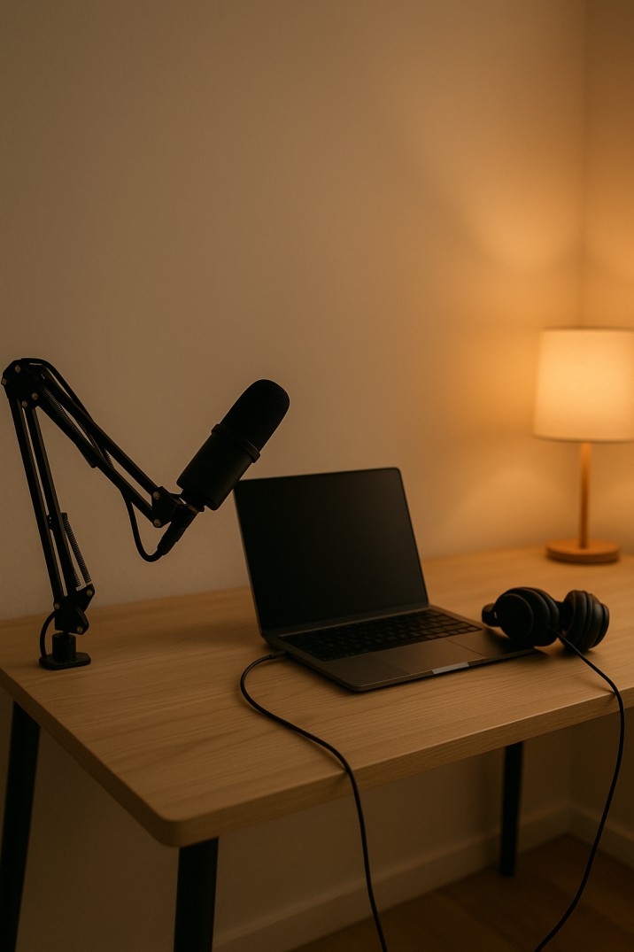 Minimalist industry podcast studio setup with microphone, laptop, and headphones
