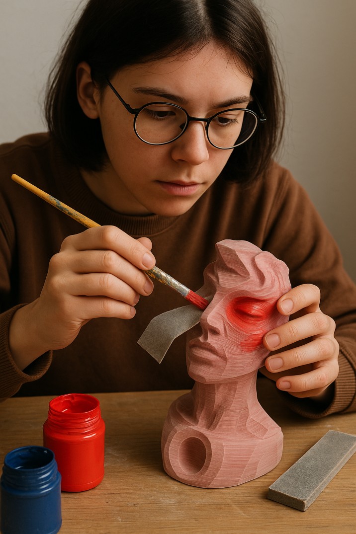 Student 3D printing art with paint and sanding