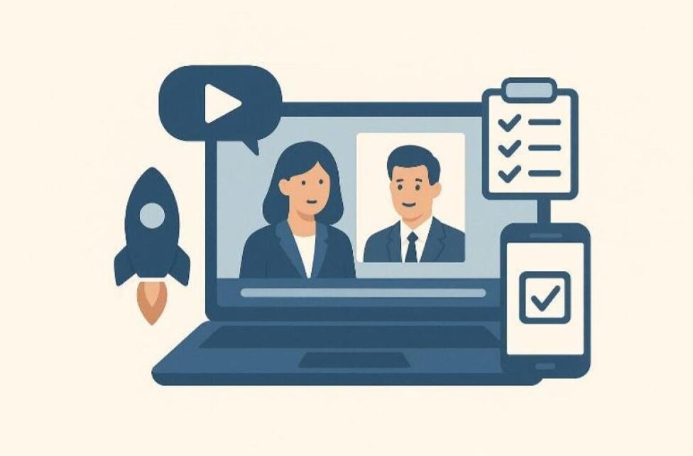 Illustration of students practicing with interactive interview sim campus tools and AI-driven mock panels for placement preparation.