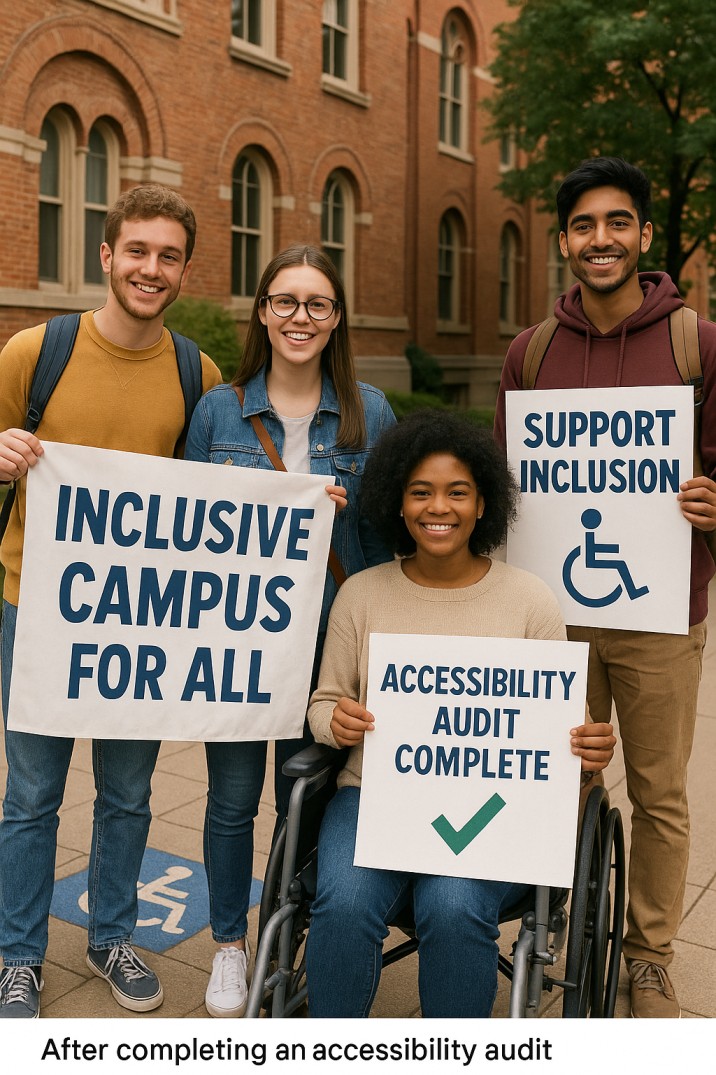 Students campaigning with banners and posters saying “Inclusive Campus for All” after completing an accessibility audit