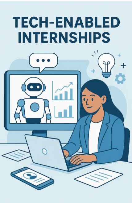 Students collaborating online during a tech-enabled internship using digital tools like Trello, Slack, and Google Drive.