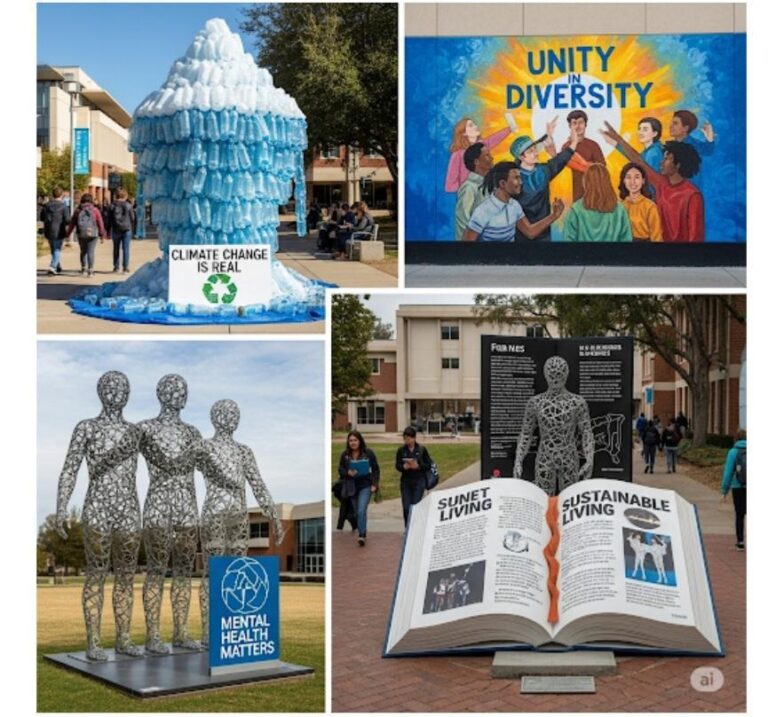 Students viewing a campus art installation showcasing creativity