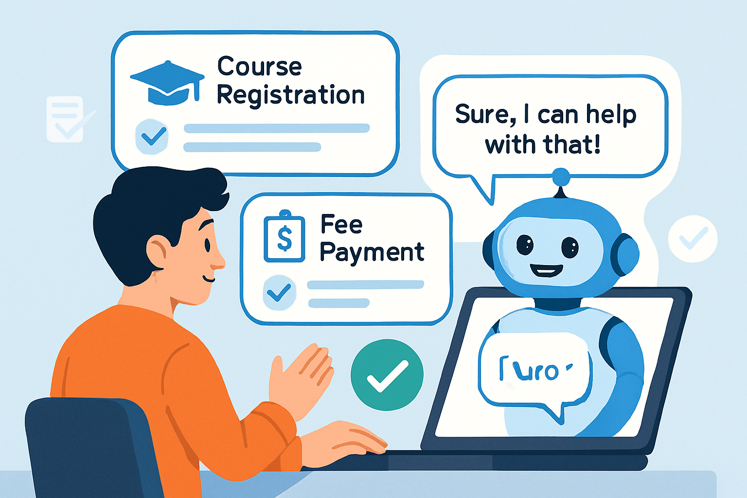 Digital illustration of a chatbot guiding a student through online course registration and fee payment using campus chatbot support
