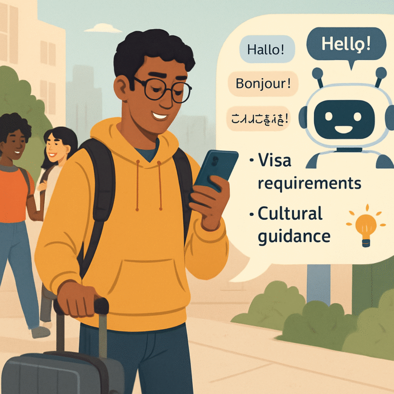 “International student holding suitcase and phone, campus chatbot support assisting in multiple language u