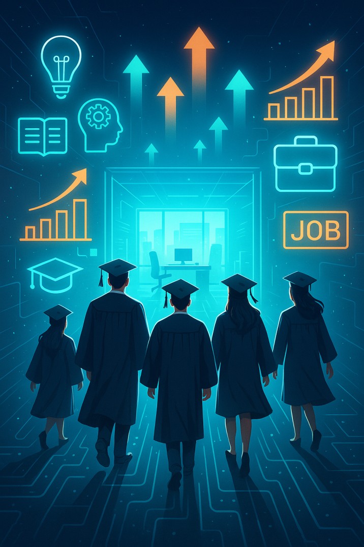 Students in graduation gowns stepping into a digital futuristic office environment microlearning