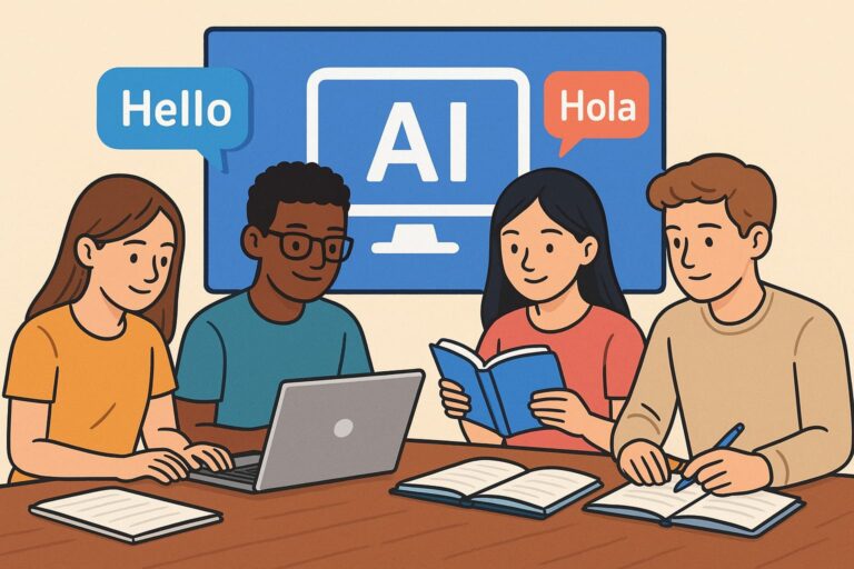 Student working on multilingual assignments with study tips