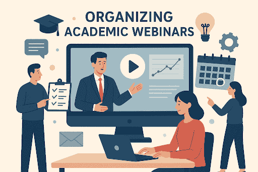 Virtual lecture event hosted on video conferencing platform with interactive slides