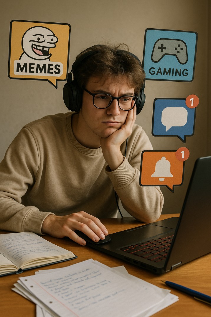 A student supposed to be studying via social learning platforms but instead distracted by memes, gaming, and notifications popping up