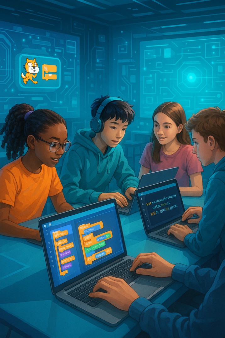 Teen students stem coding on laptops with Scratch and Python on the scree
