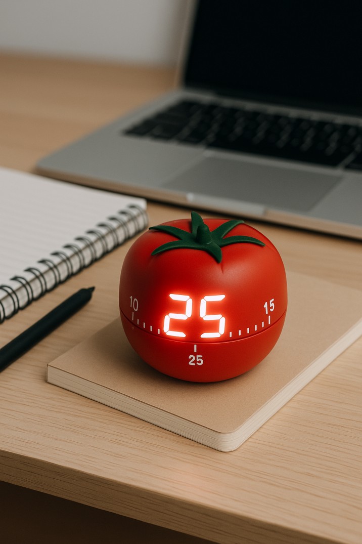 A tomato-shaped timer on a student’s desk beside notebooks and a laptop showing time management