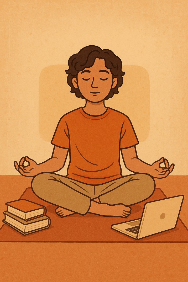 A student meditating on a yoga mat with books and a laptop nearby, symbolizing time management