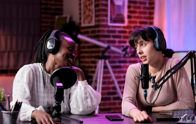 Young creators recording a show while applying youth podcasting tips