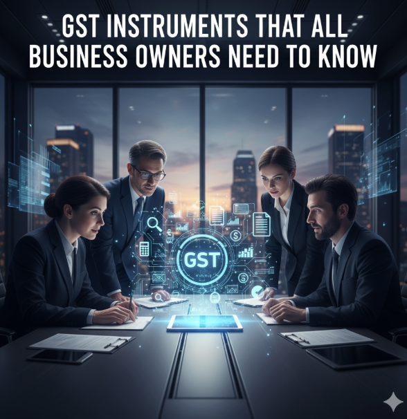 An entrepreneur using a laptop to file taxes online through GST instruments and digital tools.