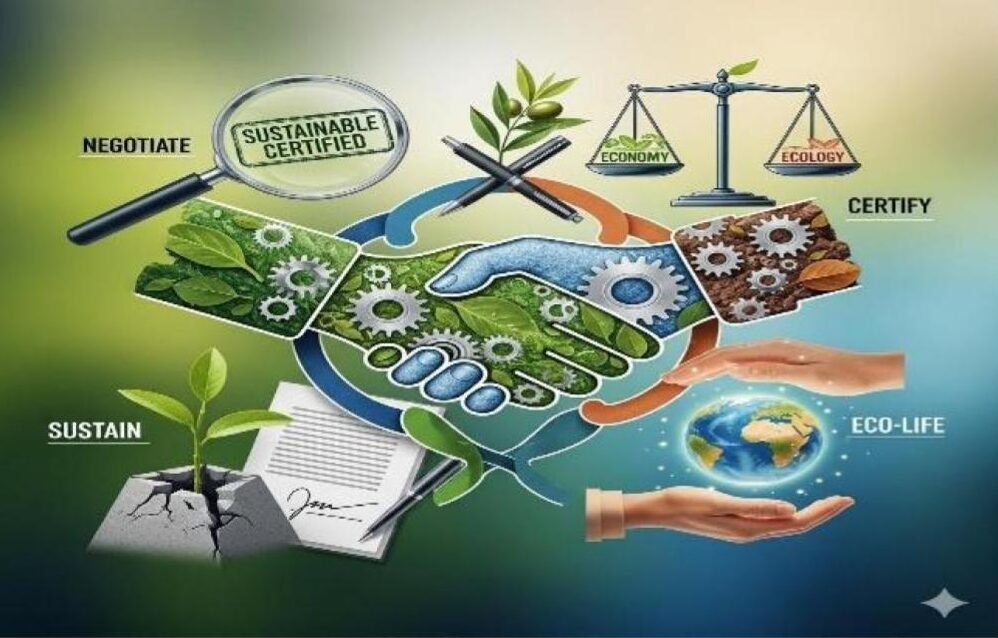 Illustration of a business team negotiating sustainability certification with a conscious consumer guide on eco-friendly standards.