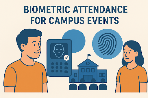 Campus students using biometric attendance system with fingerprint and face recognition at university event