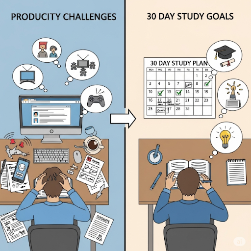 Student working on productivity challenge to build strong academic habits and study discipline