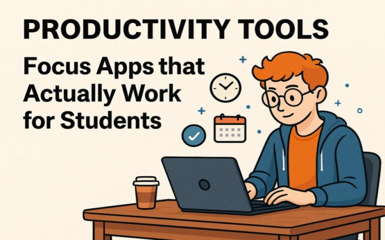 Illustration of a student using focus apps for students with a timer, forest growth game, and distraction blocker on multiple devices.