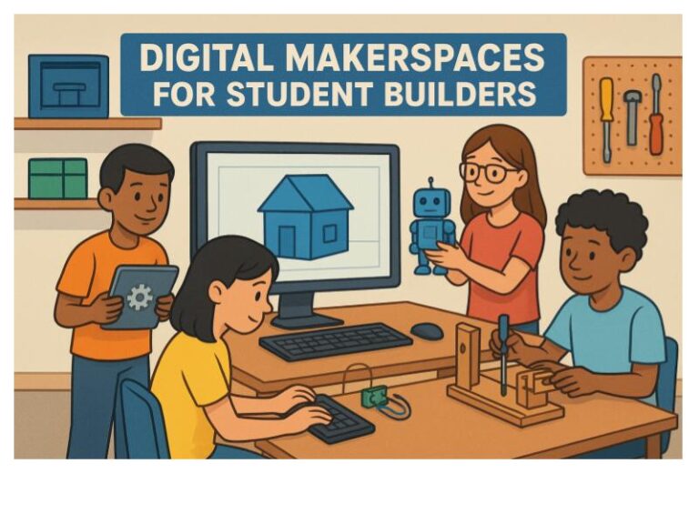 Students collaborating in a digital makerspaces using online tools and remote tinkering equipment.