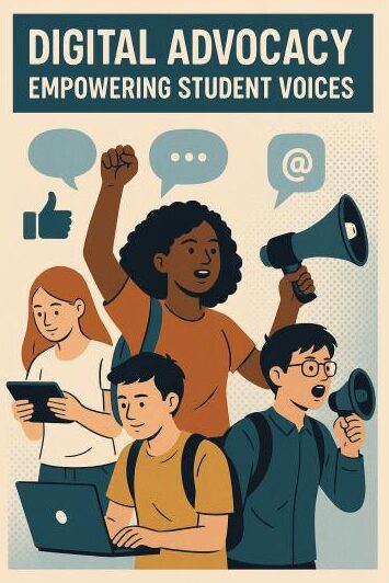 A group of students using laptops and phones to participate in digital advocacy campaigns.