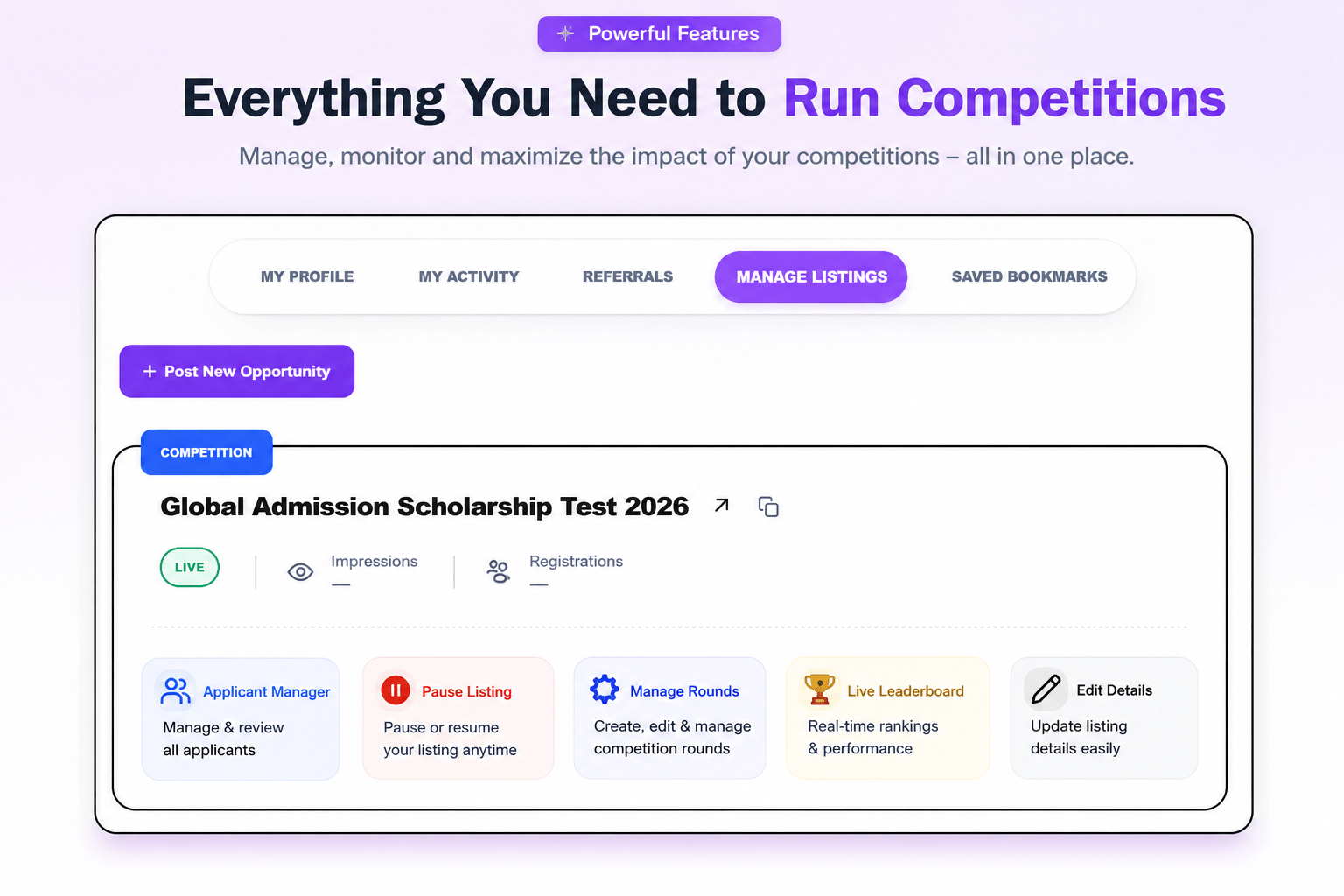 EvePaper organizer dashboard interface to host competitions and hackathons